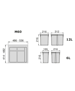 Contenitori per raccolta differenziata 12l+6l+6l per modulo 60 cm, emuca