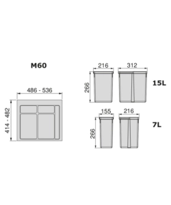 Contenitori per raccolta differenziata 12l+7l+7l modulo 60 cm, emuca