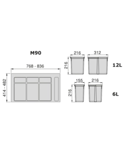 Contenitori per raccolta differenziata 12l+12l+6l+6l per modulo 90 cm, emuca