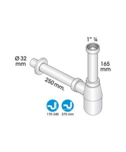 Sifone a bottiglia 1 1/4" in abs cromato, per bagno