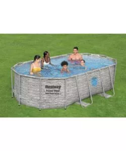 Piscina fuori terra ovale bestway "power steel" effetto finta pietra e oblo' 427x250x100 cm con filtro, scala, copertura e chemconnect - cod. 56714