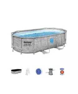 Piscina fuori terra ovale bestway 'power steel' effetto finta pietra e oblo' 427x250x100 cm con filtro, scala, copertura e chemconnect - cod. 56714