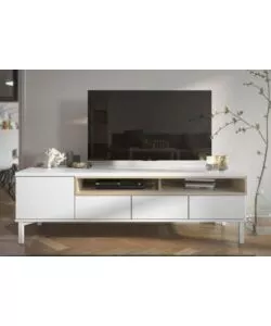 Mobile tv bianco e legno con 1 anta e 3 cassetti, 156x48x48 cm