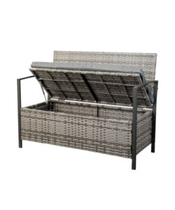 Panchina da esterno euro garden "maia" in metallo e pe rattan con contenitore e cuscino grigio, 118x58x87 cm