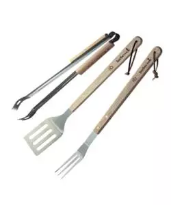 Set barbecue 3 pezzi spatola, pinza e forchetta in acciaio inox con manico in legno - barbecook