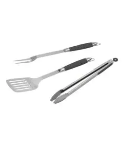 Set barbecue 3 pezzi spatola, pinza e forchetta in acciaio inox con manico nero antiscivolo - barbecook