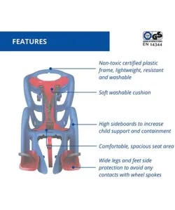 Seggiolino posteriore blu per bicicletta per bambini, max. 22 kg, da 3 a 8 anni - si fissa al portapacchi