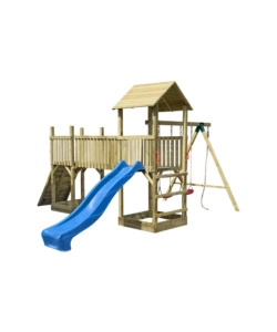 Gioco da giardino per bambini con torretta doppia, scivolo e altalena, 480x410x280 cm