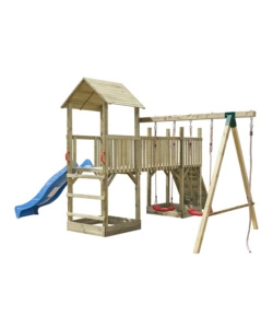 Gioco da giardino per bambini con torretta doppia, scivolo e altalena, 480x410x280 cm