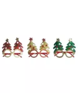 Occhiali colorati decorati con alberi di natale, colori assortiti