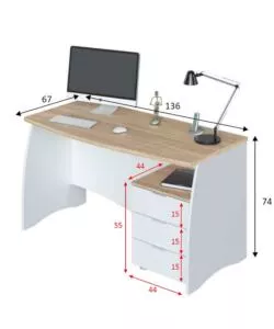 Scrivania con cassetti bianca e rovere, 136x67x74 cm