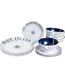 SET 12 STOVIGLIE DA CAMPEGGIO BRUNNER "BLUE OCEAN" IN MELAMINA ANTISCIVOLO