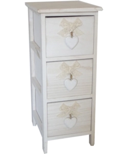 Cassettiera 'white washed' 3 cassetti cuore e fiocchi in legno di paulownia, 26x32x63 cm