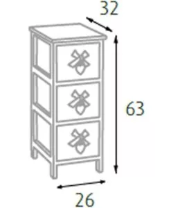 Cassettiera 'white washed' 3 cassetti cuore e fiocchi in legno di paulownia, 26x32x63 cm