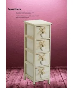 Cassettiera "white washed" 4 cassetti cuore e fiocchi in legno di paulownia, 26x32x63 cm