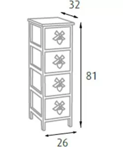 Cassettiera 'white washed' 4 cassetti cuore e fiocchi in legno di paulownia, 26x32x63 cm