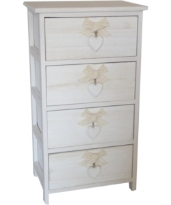 Cassettiera "white washed" 4 cassetti cuore e fiocchi in legno di paulownia, 40x29x73 cm