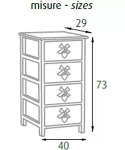 Cassettiera 'white washed' 4 cassetti cuore e fiocchi in legno di paulownia, 40x29x73 cm