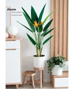 Pianta strelitzia in polietilene con 12 foglie e 2 fiori, 120 cm