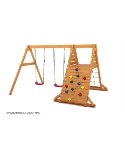 Gioco da esterno per bambini in legno fungoo 'gaia' con torretta scoperta, scivolo e altalena doppia, 364x252x210 cm