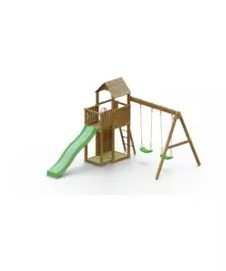 Gioco per bambini da esterno in legno fungoo 'boomer 3' con torretta con scivolo e altalena doppia, 431x302x270 cm