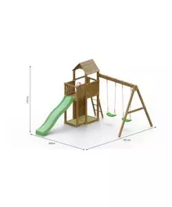 Gioco per bambini da esterno in legno "boomer 3" con torretta con scivolo e altalena doppia, 431x302x270 cm