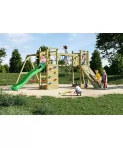 Gioco per bambini da esterno in legno  "maxi funny exposure" con scivolo, torretta, ponte e altalena, 525x398x210 cm