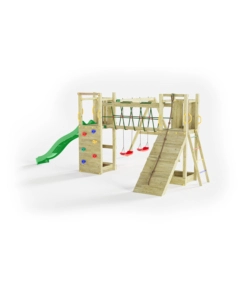 Gioco per bambini da esterno in legno fungoo 'maxi funny exposure' con scivolo, torretta, ponte e altalena, 525x398x210 cm