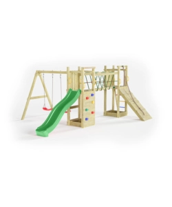 Gioco per bambini da esterno in legno  "maxi funny exposure" con scivolo, torretta, ponte e altalena, 525x398x210 cm