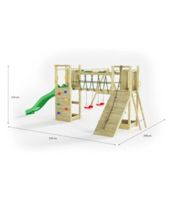 Gioco per bambini da esterno in legno  "maxi funny exposure" con scivolo, torretta, ponte e altalena, 525x398x210 cm