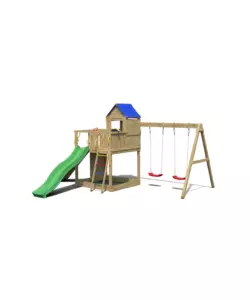 Gioco per bambini da esterno in legno 'treehouse' con casetta aperta sospesa, scivolo e altalena doppia, 443x501x272 cm