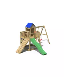 Gioco per bambini da esterno in legno "treehouse" con casetta aperta sospesa, scivolo e altalena doppia, 443x501x272 cm