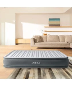 Materasso matrimoniale autogonfiante intex "airbed dura-beam comfort-plush mid-rise" colore grigio chiaro e pompa integrata, 152x203x33 cm