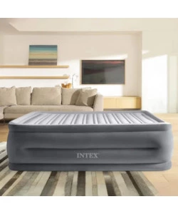 Materasso matrimoniale autogonfiante intex "airbed dura-beam comfort-plush high-rise" colore grigio chiaro e pompa integrata, 152x203x56 cm