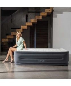 Materasso matrimoniale autogonfiante intex "airbed dura-beam comfort-plush high-rise" colore grigio chiaro e pompa integrata, 152x203x56 cm