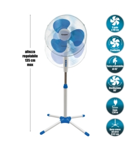 Ventilatore a piantana con 3 pale e 3 velocitÀ colore bianco e blu, 45 w