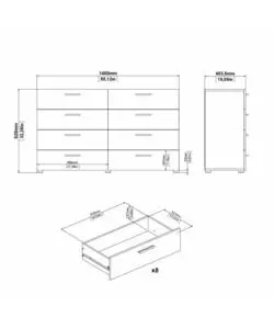 Cassettiera doppia 'pepe' con 8 cassetti colore rovere e bianco lucido, 140x40x81,7 cm