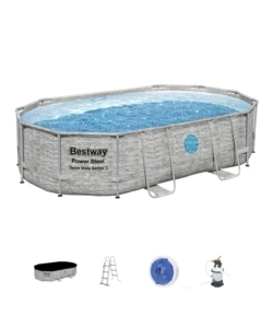 Piscina fuori terra ovale bestway 'power steel swim vista' effetto pietra con oblo' 488x305x107 cm