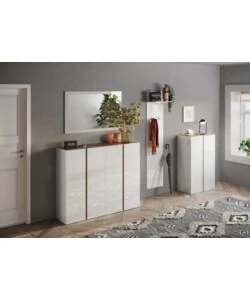 Armadio multiuso basso con 2 ante e 5 ripiani bianco laccato e rovere, 70x35x111 cm