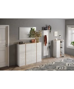 Armadio multiuso basso con 2 ante e 5 ripiani bianco laccato e rovere, 70x35x111 cm