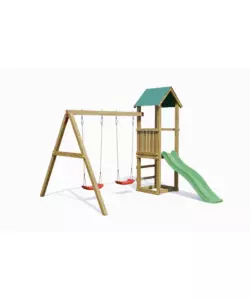 Gioco per bambini da esterno in legno fungoo "lucas" con torretta, 2 altalene e scivolo 310x275x245 cm